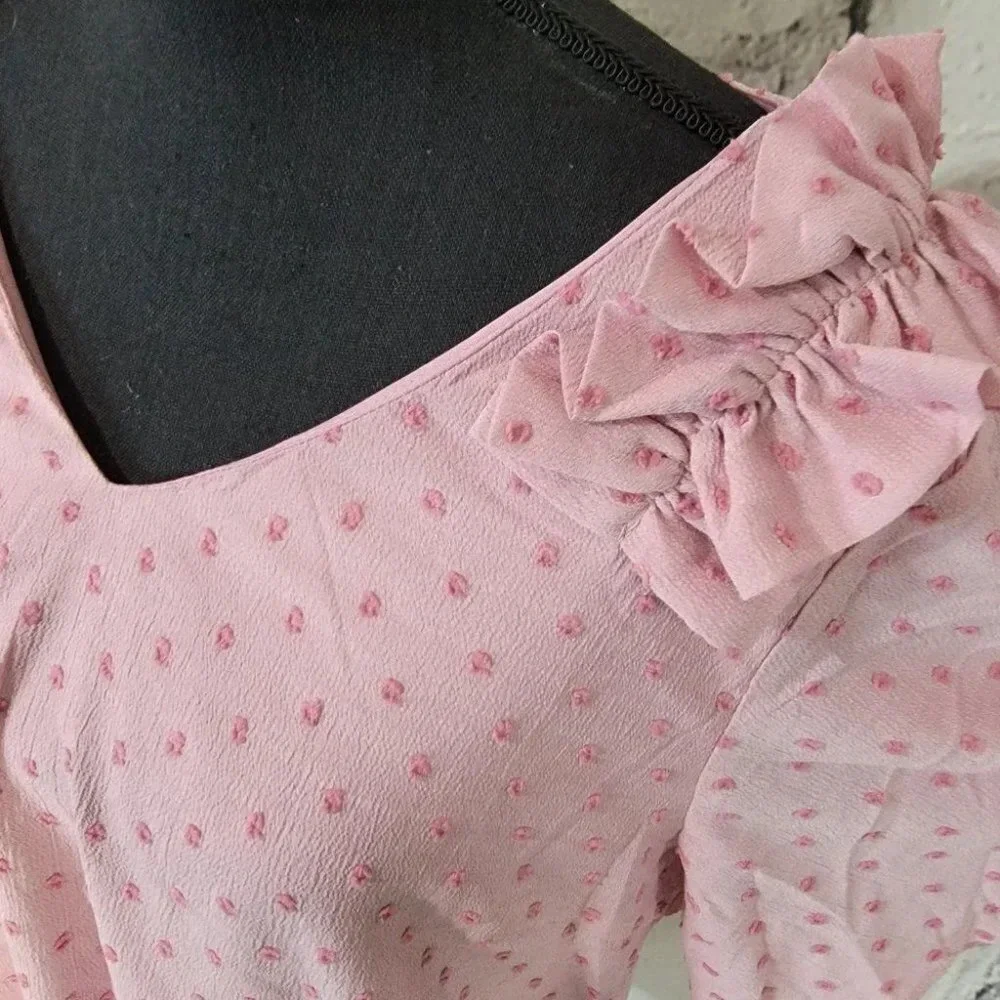 BLUSH Bell Sleeve Pink Swiss Dot Dressy Blouse with Ruffle Detail Womens L NWT - Picture 3 of 8